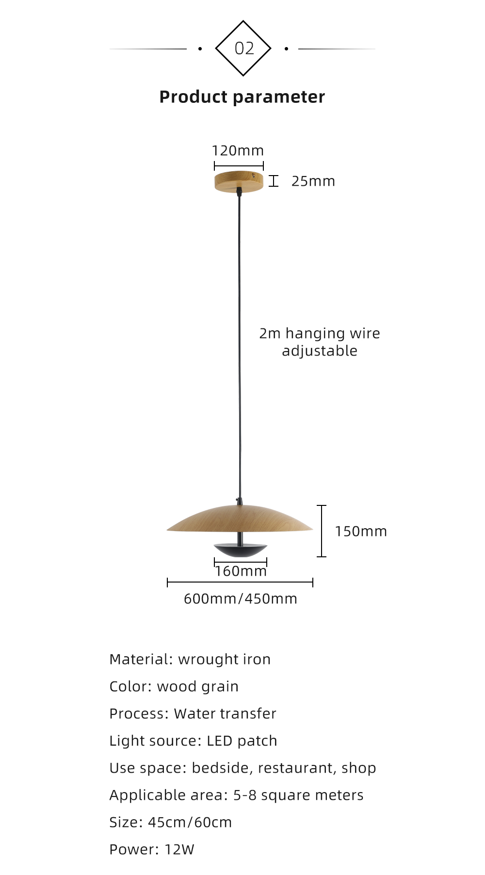 Modern Wood grain iron 12w Ceiling Mounted Pendant Light Round  Led Hanging Lamp For Hotel