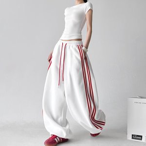 Pantalones de chándal anchos rojos para mujer 2026, nuevos pantalones casuales de cintura alta a rayas, holgados, estilo urbano, para damas - Product Image 5