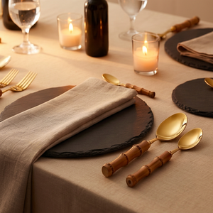 Golden <b>Bamboo</b> Handle Flatware <b>Set</b> Dishwasher Safe Wedding Tableware Metal <b>Cutlery</b> With Mirror Polish Finish - Product Image 1