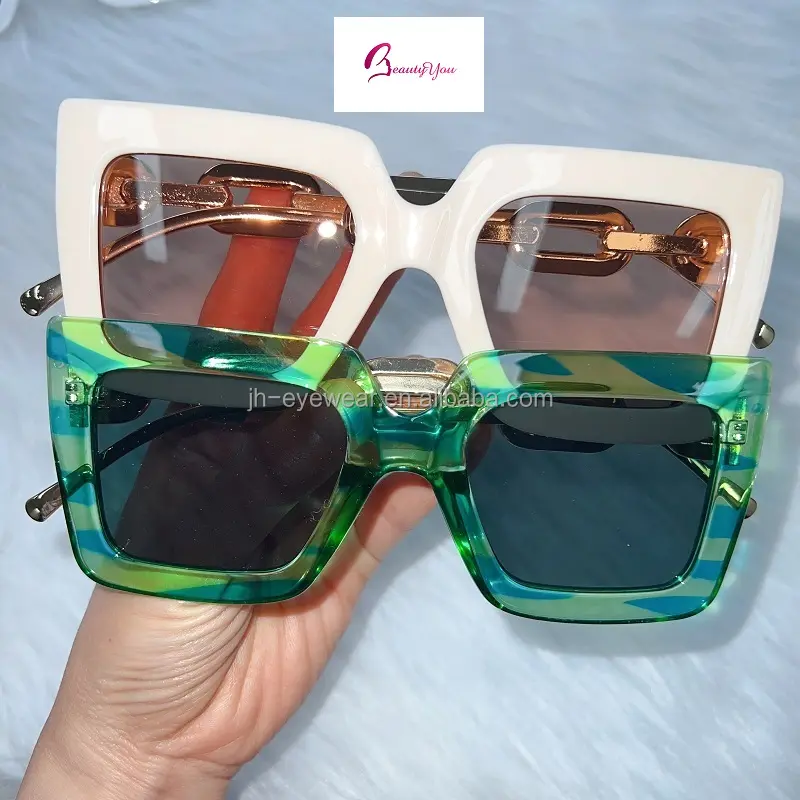 New Trendy metal chain square large frame anti-blue light glasses personalized custom sunglasses Women