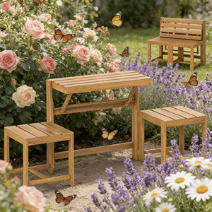 Banc de <span class=keywords><strong>jardin</strong></span> convertible 3-en-1 en bois d'acacia, table à manger avec 2 chaises intégrées, double niveau, pour patios, cours arrière et jardins - Product Image 2