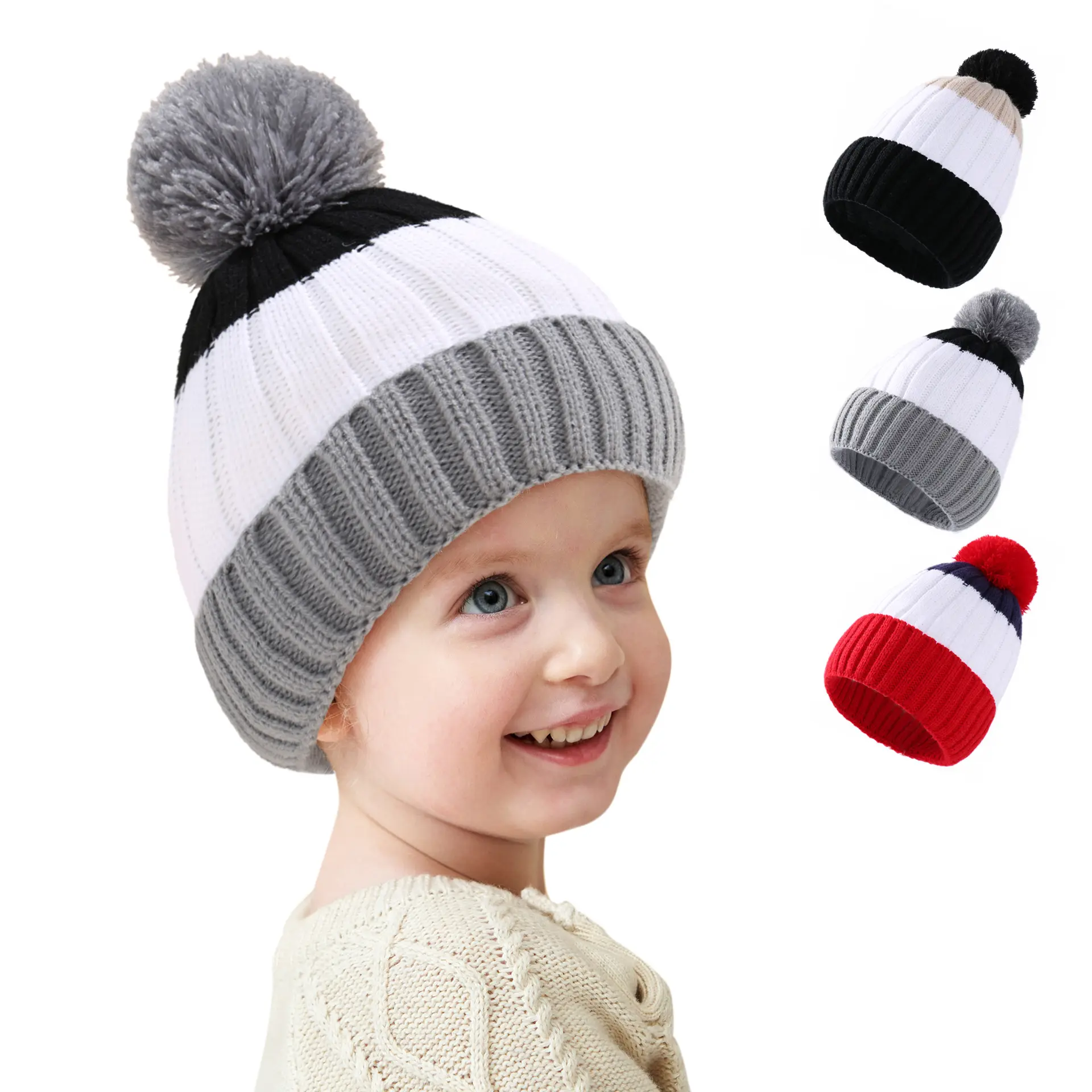 New autumn and winter hit color hat striped boys and girls baby knitted wool ball cap spot outdoor warm children's woolen hat