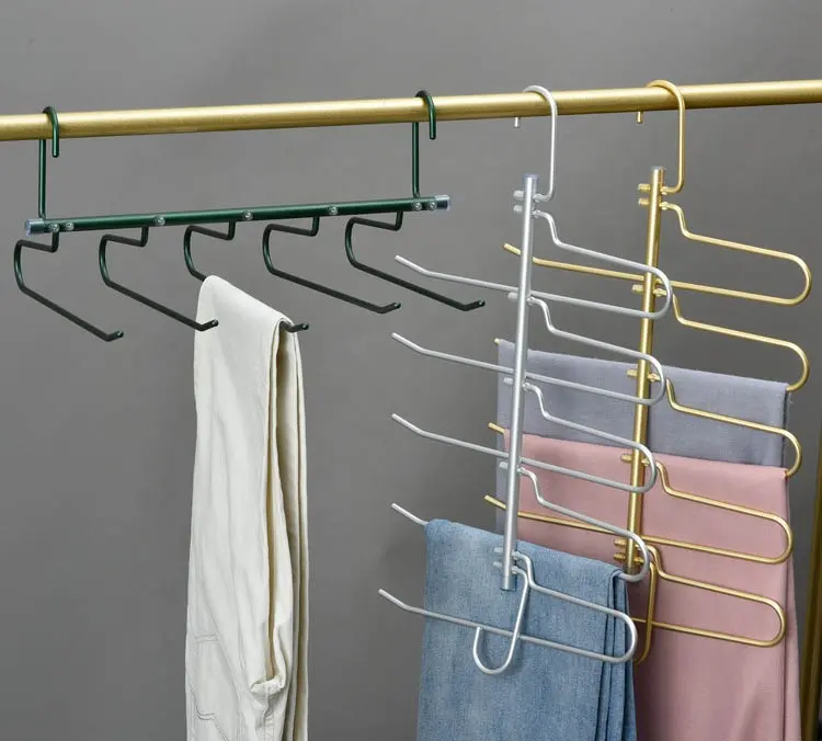 Amazon Hot Sale Space Saving Aluminum Alloy Pants Hanger 2 Pieces Packed 5 Layers Magic Closet Storage Trouser Organizer Racks