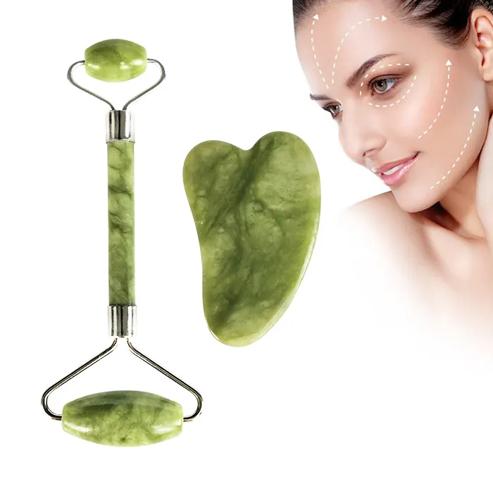 Private Label Grün Gesichts Massage Werkzeuge Massager Jade Stein Roller Gua Sha Set