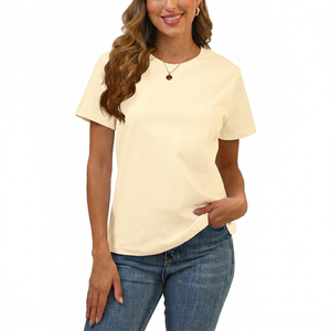 Camiseta de algodón para mujer, cuello redondo, manga corta, corte regular, color amarillo claro, informal, color liso, transpirable, para todas las estaciones - Product Image 1