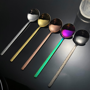Hammered Textured Spoon 304 Stainless Steel Long Handle Creative Round Spoon For Soup And Eating Silver Gold Rose Gold - Product Image 1