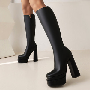 Bottes en cuir à talon haut et plateforme, style western, grande taille, avec bas intégré - Product Image 1