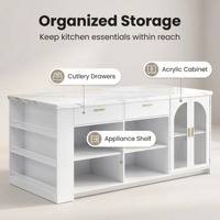 Îlot de cuisine moderne et spacieux avec rangement, table de salle à manger en marbre veiné avec tiroirs de rangement, armoire îlot fixe pour 4 à 6 personnes