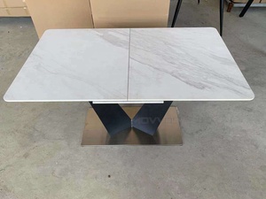 Black power rivestito in metallo e rettangolare in acciaio inossidabile piccolo che si estende tavoli da pranzo con importato in ceramica piano in laminato - Product Image 5