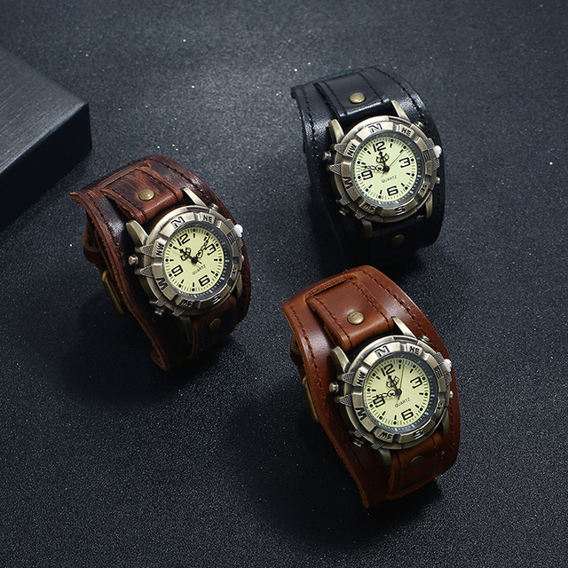LP53 Newest Design Hot Selling Punk Style Fashion Bracelet Vintage Bracelet Watch for Men Brown Black Leather Straps Watchbands