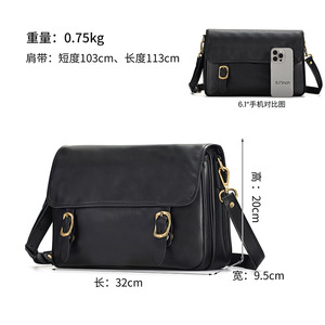 Bolso Cruzado para Hombre Dujiang, Cuero Genuino Negro, Gran Capacidad, Expandible, Alivia la Carga, Detalle de Costura, Uso Diario - Product Image 4