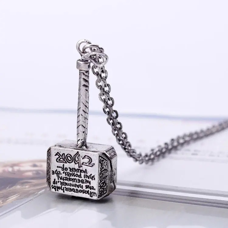 Small MOQ Wholesale Antique Silver Plated Alloy Thor Hammer Necklace Pendant Jewelry Women