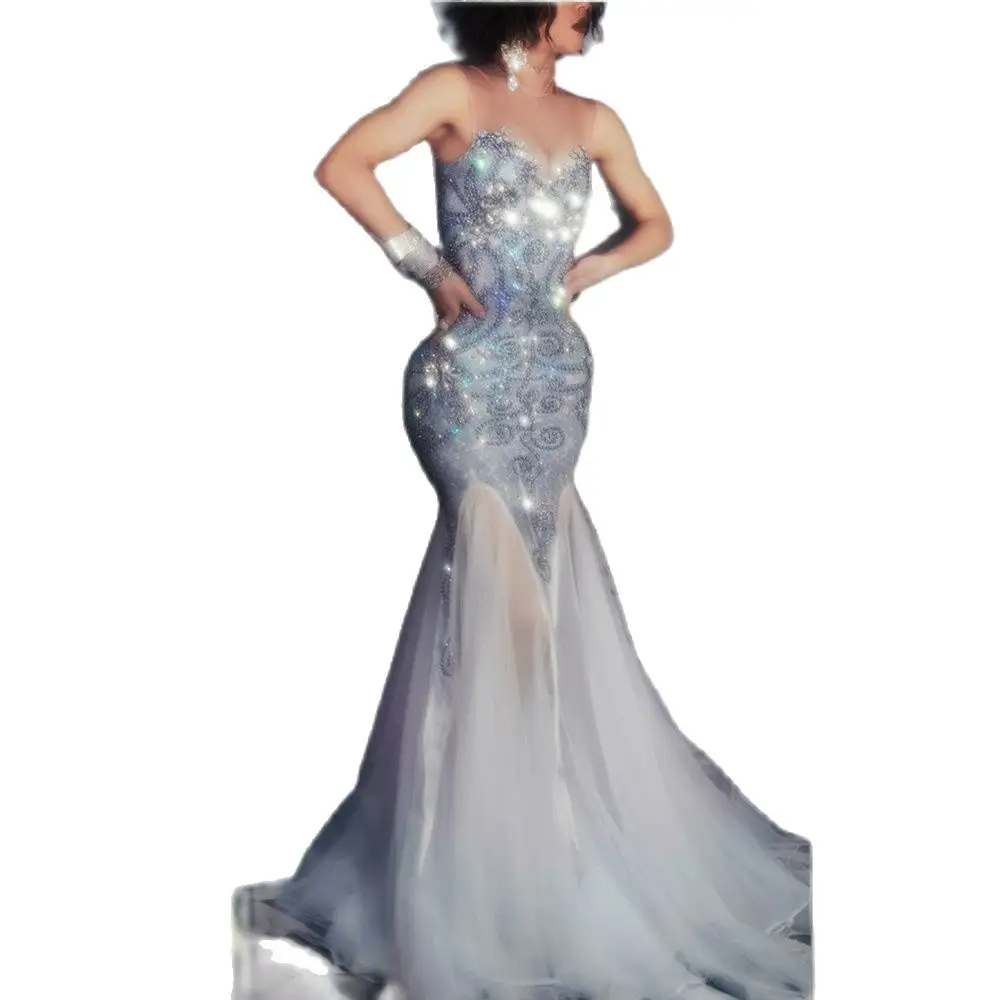 Fashion Silver Crystal Birthday Celebration Mermaid Long Dress Ladies Bodycon Wedding Party Prom Dress Women Ball Evening Gown