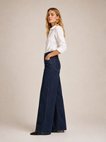 Celana Jeans Wanita Warna Indigo Tua Vintage Jacquard Pinggang Tinggi Model Kaki Lebar