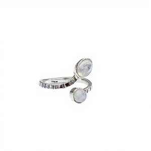 925 Sterling <b>Silver</b> <b>Adjustable</b> Open <b>Ring</b> with Oval and Round Rainbow Moonstone Handmade Artisan Jewelry - Product Image 2