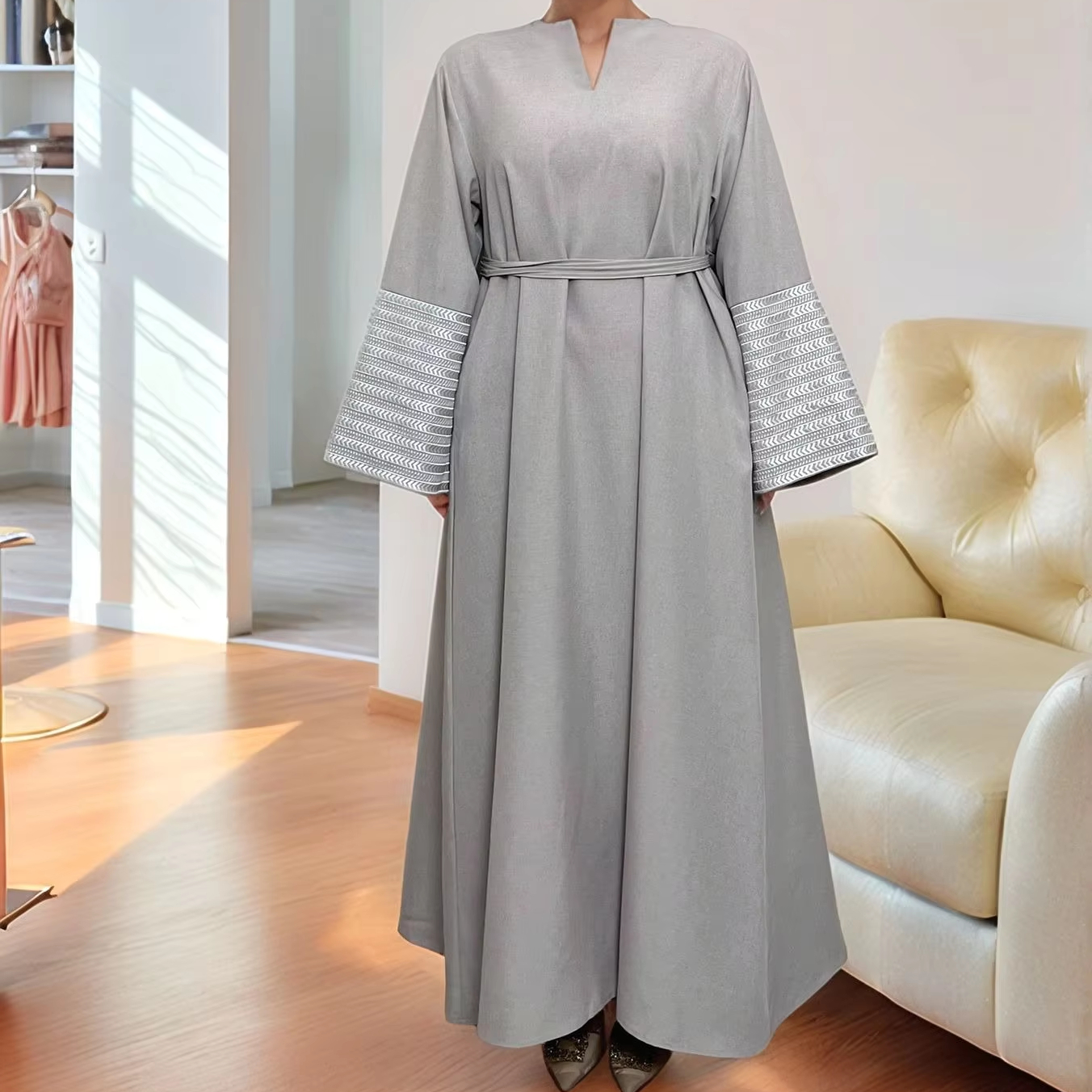 LM025 Modest Arabic Muslim Women's V-Neck Dress Silver Embroidery Linen  Textured Maxi with Floor-Length Closed Abaya Belt Kaftan| Alibaba.com