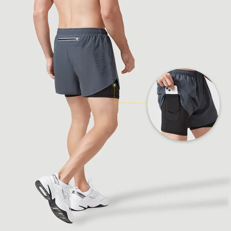 Pantalones cortos de gimnasio personalizados para hombre, Shorts deportivos de malla de doble capa con bolsillo trasero y cremallera