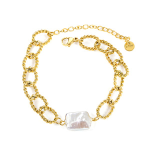 Pulsera de Cadena Trenzada Chapada en Oro Estilo Europeo Americano con Perla Cuadrada, Joyería Unisex - Product Image 2