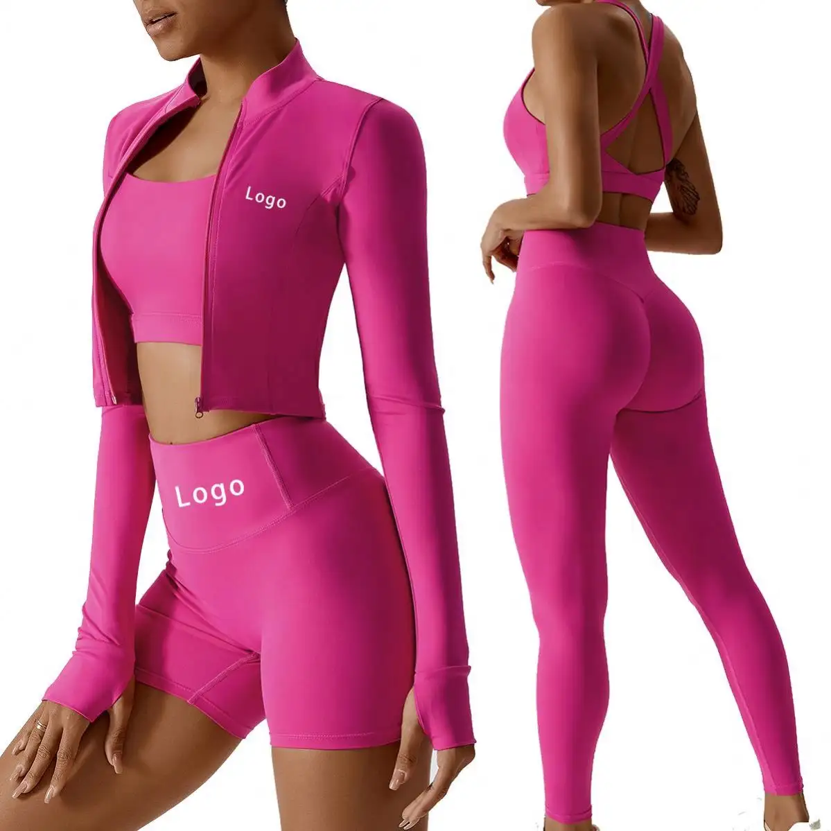 2023 Custom 2/3/4 pezzi abbigliamento Fitness donna abbigliamento da palestra sport Yoga Suit Butt Lift donna manica lunga Active Wear set da Yoga