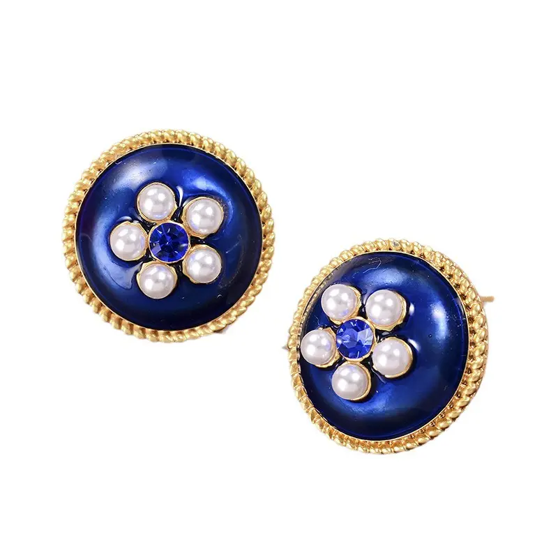 Yeni sıcak satış Vintage moda takı kaliteli mavi taş yuvarlak Minimalist günlük giyim kadın için düğme küpe takı