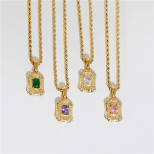 Collier pendentif en acier inoxydable plaqué or avec pierre ovale en zircon et chaîne à maillons pour femme, bijoux cadeau, VENTE EN GROS - Product Image 1