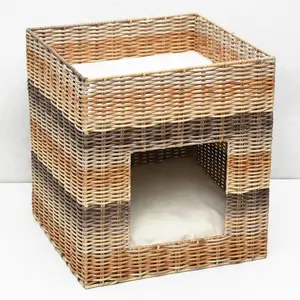 The Best Price Square Indoor 2 Tier Metal Framed Woven PE Wicker Rattan Cat Pet Bed Basket House With Soft Cushion