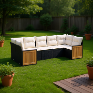 Ensemble de canapés de jardin en rotin noir avec coussins crème, mobilier d'extérieur au design contemporain, résistant à l'eau et aux UV, en rotin PE - Product Image 2