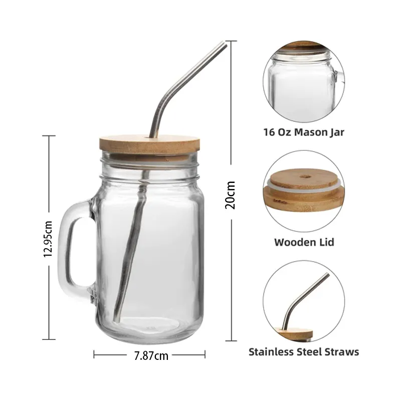 Usine spot gros glace boisson froide jus 16oz 500ml clair carré large bouche mason pot alimentaire verre à boire avec poignée