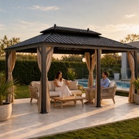 Pavillon de jardin en aluminium de style européen avec toit rigide double, imperméable, avec rideaux et moustiquaire pour jardin, cour, patio, villa