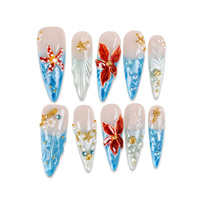 Ongles à presser de luxe bleus, forme stiletto, longs, avec paillettes, effet ombré, fleurs, coquillages et perles, 10 pièces, couverture complète pour ongles à presser