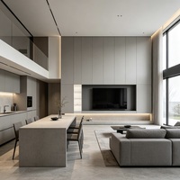 Mueble de TV Minimalista para Techo Alto, Diseño Moderno, con Iluminación LED Ambiental Empotrada, Grado E0, Color Gris Claro Mate