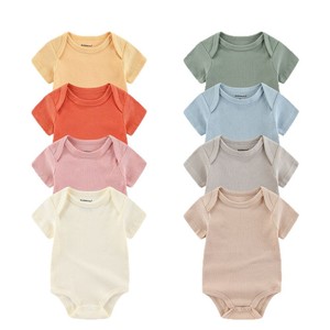 Katoenen korte mouwen effen uni kleur geribbelde op maat gemaakte baby romper jacquard bodysuit vest - Product Image 5