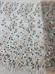 Ancho 125 cm piel flores brillantes lentejuelas bordado cuentas malla nigeriana tela pesada tul encaje tela para vestido de novia - Product Image 5