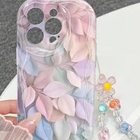 Coque de téléphone portable INS brillante et colorée avec fleurs et chaîne pour iPhone 11, 16 Pro, 17, 18 Pro Max – Coque arrière crème
