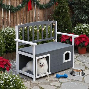 Nichoir moderne en bois <span class=keywords><strong>pour</strong></span> <span class=keywords><strong>chien</strong></span> d'extérieur avec banc intégré, style mobilier de patio, <span class=keywords><strong>cage</strong></span> <span class=keywords><strong>pour</strong></span> animaux de compagnie, chiens de taille moyenne, bois massif durable, écologique - Product Image 1