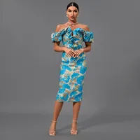 2022 Latest Models Summer Elegant Bandage Dress Ruffle Off The Shoulder Sleeveless Jacquard Bodycon Slit Midi Womens Dresses