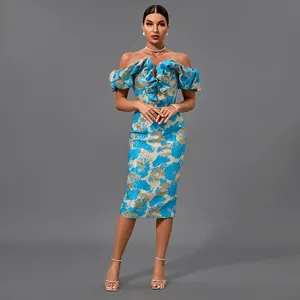 2022 Neueste Modelle Sommer Elegantes Verband kleid Rüschen von der Schulter Ärmellose Jacquard Bodycon Slit Midi Damen kleider