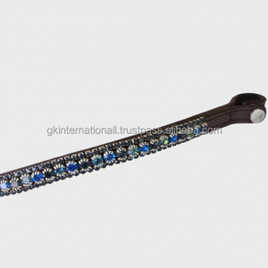 Cinta Frontal para Caballo de Cuero con Cristales de Diamante Brillantes Negros y Azules de 8 mm, Estilo Ecuestre de Lujo, con Cierre de Botón a Presión - Product Image 1