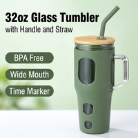 Gobelet en verre écologique de 32 oz avec poignée, réutilisable, en borosilicate, pour le bureau, les fêtes, avec marqueur de temps et manchon en silicone