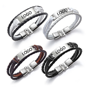 Customized Name <b>Mens</b> Jewelry Engraved Laser LOGO Multilayers Woven Leather Bracelet for <b>Men</b> - Product Image 1