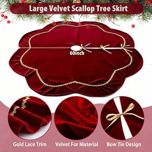 Jupe de sapin de Noël vintage rouge en velours de luxe avec dentelle dorée et bordure festonnée pour la décoration des fêtes - Product Image 2