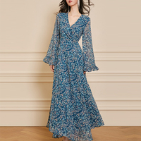 Robe longue personnalisée d'automne à volants, col en V, manches longues, mousseline de soie imprimée, tenue décontractée pour femme