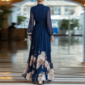 <span class=keywords><strong>Robe</strong></span> <span class=keywords><strong>longue</strong></span> fluide en mousseline <span class=keywords><strong>bleu</strong></span> <span class=keywords><strong>marine</strong></span> pour femme, col en V profond, manches longues, imprimé floral, vente en gros <span class=keywords><strong>d</strong></span>'usine - Product Image 4