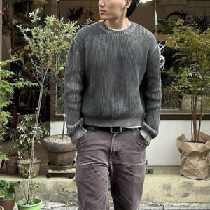남성 스톤 워싱 니트웨어 남녀공용 케이블 니트 크루넥 스톤 애씨드 워시 염색 점퍼 맞춤 로고 골지 스웨터 풀오버 스웨트셔츠 - Product Image 5