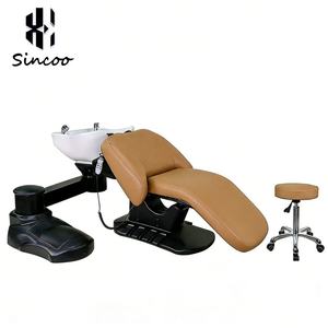 2 1 Lay <b>Electric</b> Salon Shampoo Chair Ceramic Wash Basin Vibration <b>Massage</b> Reclining <b>Head</b> Spa Bed Modern Stainless Steel Frame - Product Image 1