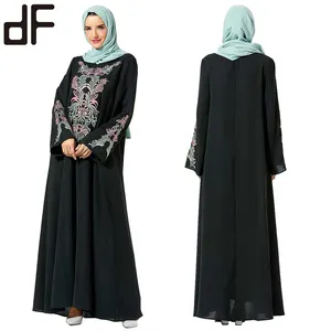 Eid 무바라크 두바이 Abaya 드레스 터키 이슬람 Hijab 모로코 드레스 이슬람 의류 맥시 레이스 자수 블랙 Abaya