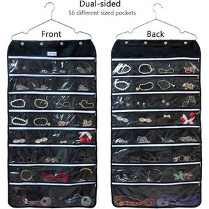 Organisateur de bijoux suspendu, 56 poches à fermeture éclair, noir, pour le rangement des boucles d'oreilles et des bagues, pour femmes et filles, en tissu Oxford - Product Image 2