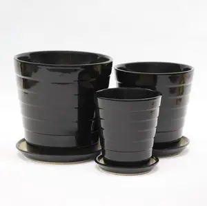 antique desktop black ceramic garden pots with base 002C-B