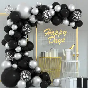 Irthday-globos de helio para fiestas, decoración en negro, blanco y plateado, kit de arco metálico de guirnalda