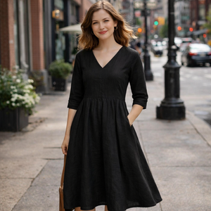 Abito Midi da Donna Personalizzato in Misto Lino e Cotone Nero con Scollo a V, Maniche con Polsino, Vita Aderente e Gonna Svasata – Abbigliamento Casual e da Festa - Product Image 1
